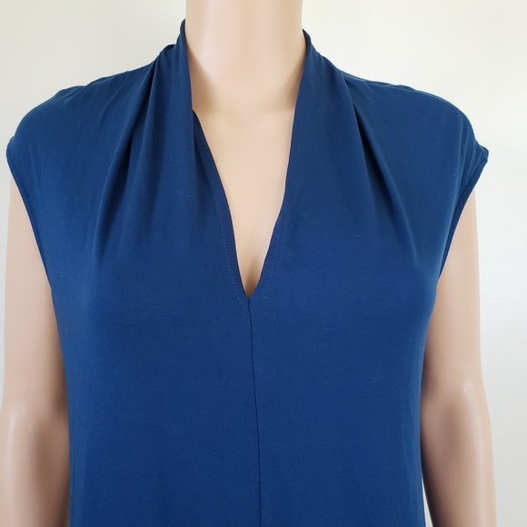 Three Dots Dress V Neck Viscose Blend Blue Sz M Capsule Minimalist Drape - Picture 2 of 6